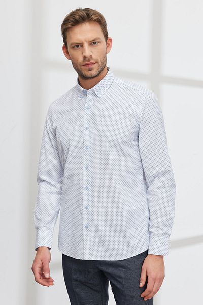 ALTINYILDIZ CLASSICS Cămașă cu imprimeu din bumbac, alb-albastru, slim fit, cu guler cu nasturi