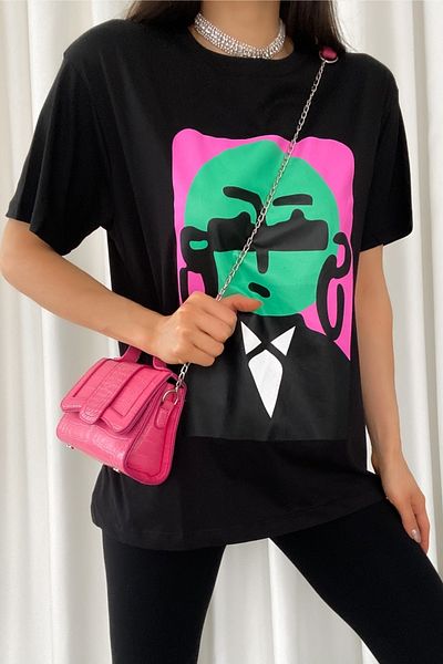 FEMELLE Tricou de damă negru din bumbac imprimat New Season