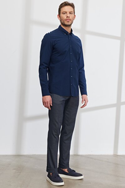 ALTINYILDIZ CLASSICS Men's Navy Blue Slim Fit Narrow Cut Button Collar 100% Cotton Shirt