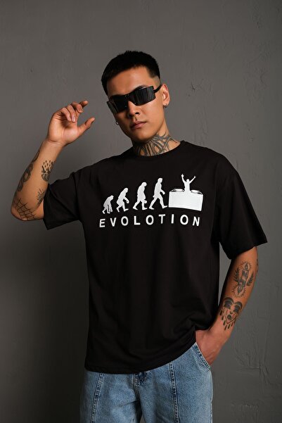 technomonkey Tricou unisex negru oversize cu imprimeu Evolution