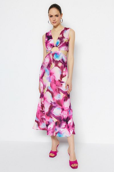 Trendyol Collection Design Rosa A-Linie Midi gewebtes Batik-gemustertes gewebtes Kleid TWOSS21EL3578