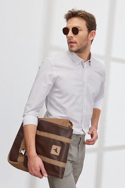ALTINYILDIZ CLASSICS Cămașă pentru bărbați, alb, maro, slim fit, slim fit, cu guler ascuns cu nasturi