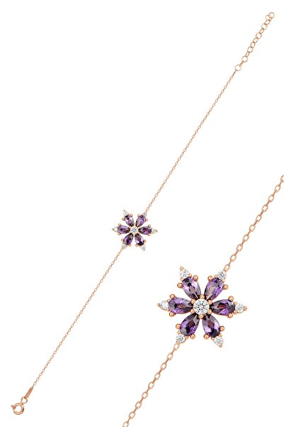 Bilsen Store 925 Ayar Gümüş Zincirli Rose Kaplama Ametist Damla Taşlı Lotus Kamelya Çiçeği Bileklik