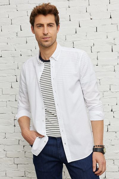 ALTINYILDIZ CLASSICS Men's White Slim Fit Narrow Cut Button Collar 100% Cotton Shirt