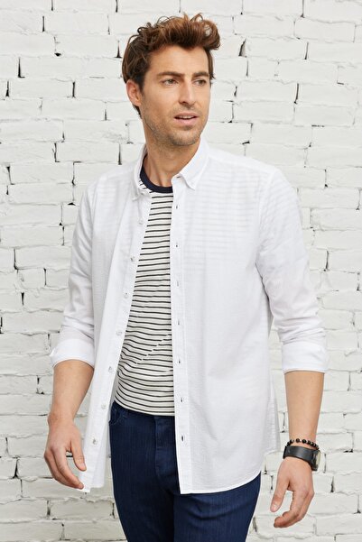 ALTINYILDIZ CLASSICS Men's White Slim Fit Narrow Cut Button Collar 100% Cotton Shirt