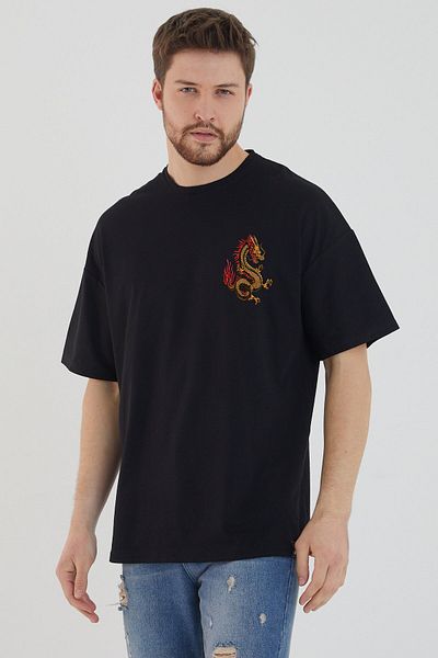 DEEPSENCE Men's Oversize T-shirt Black Dragon Gold Back Printed