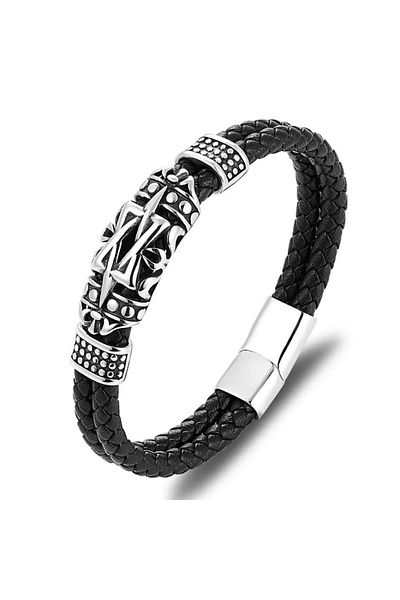 Gogoey Men's Leather Bracelet Stainless Steel Metal Silver Bracelet Black Buckle For Male Jewelry