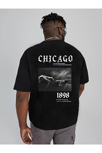 YUVEST Γυναικείο μαύρο μπλουζάκι oversize 100% βαμβακερό Chicago 1898 με στάμ...