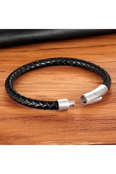 Gogoey Men's Leather Bracelet Stainless Steel Metal Silver Bracelet Black Buckle For Male Jewelry