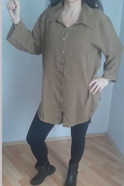AYASOFYA OTANTIK Women's Brown Bohemian Loose Collar Tunic Shirt
