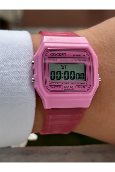 Cockpit Brand Water Resist, Alarm, Illuminated, Pink Silicone Band Sports Wristwatch