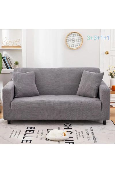 Güzel Aral Gray 3+3+1+1 Lycra Square Patterned Flexible Sofa Cover Set