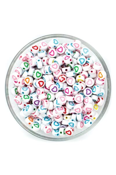 yfhobi 25 Gram - 7 Mm Beyaz Üzeri Karışık Renk Kalp Figürlü Yassı Plastik Bon...