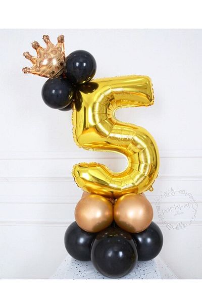 LOTUS PARTY 5 Year Old Gold Number Balloon Gold King Crowned Balloon Set