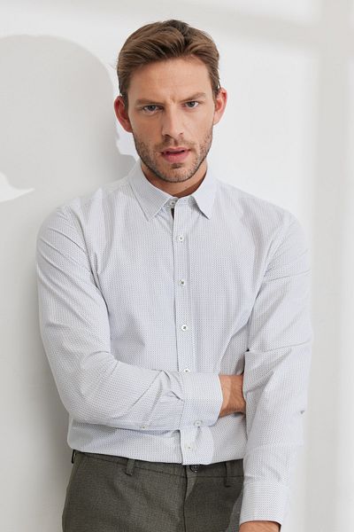 ALTINYILDIZ CLASSICS Ανδρικό πουκάμισο λευκό-χακί Slim Fit Slim Fit με κρυφό γιακά με στάμπα