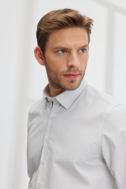 ALTINYILDIZ CLASSICS Men's White-khaki Slim Fit Slim Fit Hidden Button Collar Printed Shirt