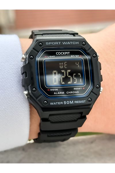 Cockpit Brand Water Resist, Alarm, Illuminated, Black Silicone Strap Square Sports Wristwatch for Men/Women
