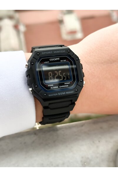 Cockpit Brand Water Resist, Alarm, Illuminated, Black Silicone Strap Square Sports Wristwatch for Men/Women