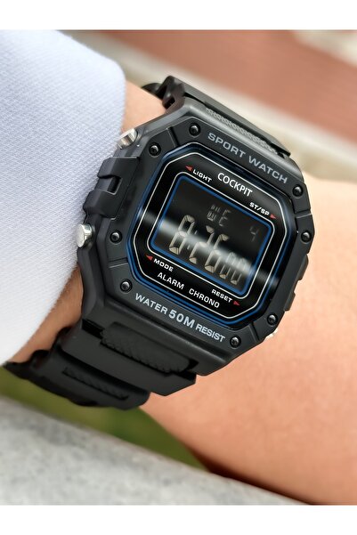 Cockpit Brand Water Resist, Alarm, Illuminated, Black Silicone Strap Square Sports Wristwatch for Men/Women