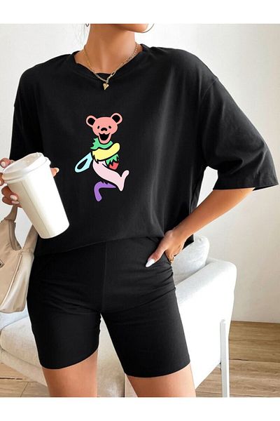 DEEPSENCE Tricou negru oversize de damă cu imprimeu frontal panda colorat