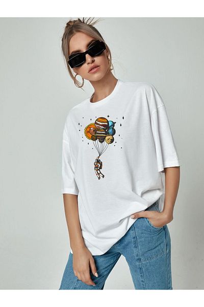 DEEPSENCE Γυναικείο Oversize Λευκό T-shirt Astronaut Balloon μπροστά με στάμπα