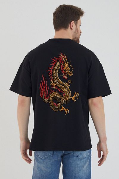 DEEPSENCE Ανδρικό μπλουζάκι Oversize Black Dragon Gold Back Print