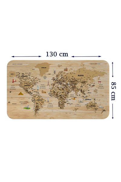tomeis Wooden Look Turkish Educational Detailed Atlas Decorative World Map Wall Sticker 3843xl