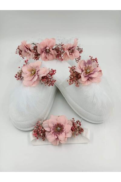 ecrin tuhafiye hobi Pudra Çiçekli Lohusa Terlik Taç & Bandana Seti