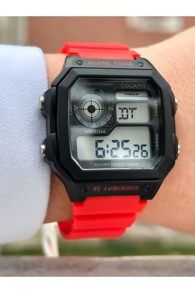 Cockpit Brand Water Resist, Alarm, Illuminated, Red Silicone Strap Square Sports Men's/Women's Wristwatch