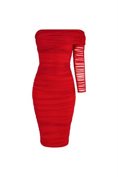 NARKO Laurest Red Single Sleeve Tulle Fabric Lined Elegant Evening Dress with Back Slit