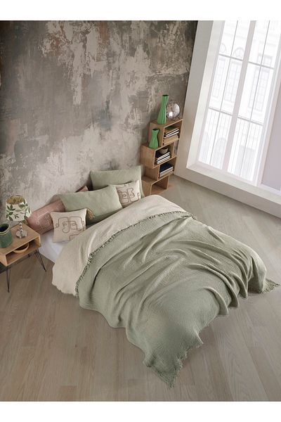 destinyhometex Cuvertură de pat dublă verde salvie 4 straturi muselină 100% bumbac 200x240cm