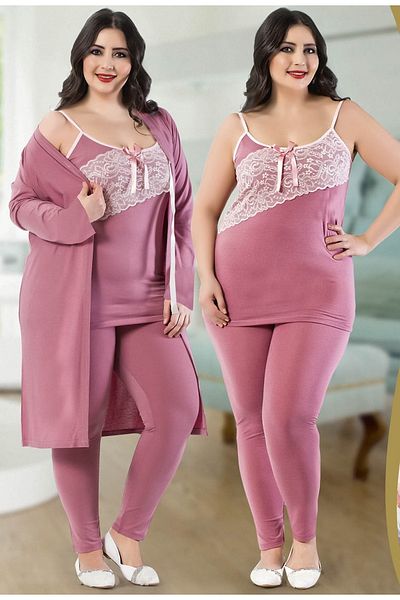 JENİKA Women's Large Size Lace Detail 3-Piece Dressing Gown Leggings Pajama Set