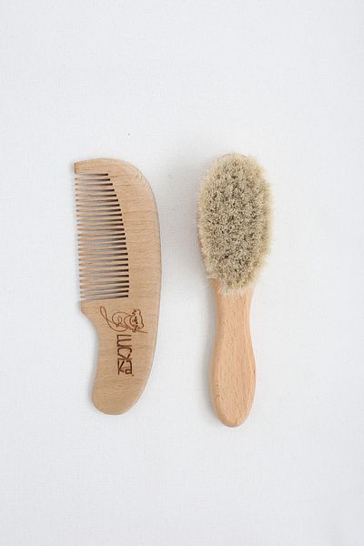 LUCKKA 100% Natural Goat Hair Baby Hair Brush and Natural Wooden Comb Set of 2