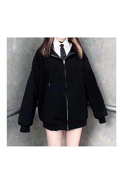 GALAXYBUTIQUE Black Oversize Zippered Unisex Cardigan