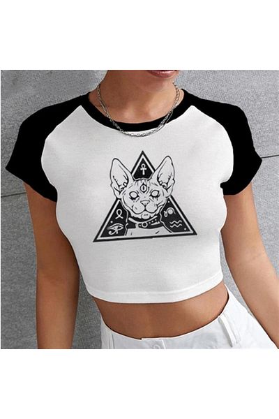 Touz Demonic Cat Printed Raglan Sleeve White Crop