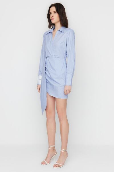 Trendyol Collection X Sagaza Studio Albastru Rochie Detaliată Guler Dublu Poplin