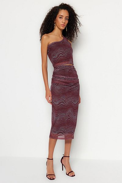 Trendyol Collection Fustă tricotată midi, căptușită cu talie înaltă, din tul cu imprimeu burgundă TWOSS23ET00148