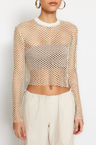 Trendyol Collection Beige Lurex Mesh Relaxed Cut Crew Neck Crop Knitted Blouse TWOSS23BZ00523