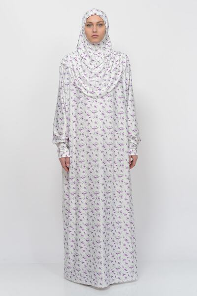 Altobeh Πρακτικό μονοκόμματο φλοράλ μοτίβο με μανίκια Lycra Hijab Prayer φόρεμα με αφαιρούμενο μαντίλι 990-0203