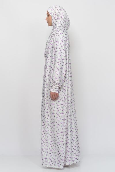 Altobeh Πρακτικό μονοκόμματο φλοράλ μοτίβο με μανίκια Lycra Hijab Prayer φόρεμα με αφαιρούμενο μαντίλι 990-0203