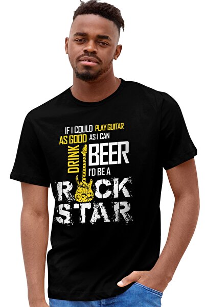 ROCKANDROLL Tricou negru cu mânecă scurtă Guitar Rock Star pentru bărbați