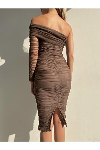 NARKO Laurest Vizon Tek Kol Tül Kumaş Astarlı Arkadan Yırtmaçlı Şık Gece Elbisesi