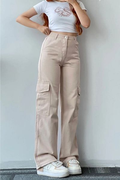 Lalove Women's Cargo Pocket Palazzo Wide Leg Beige