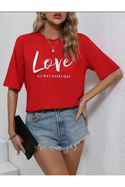 LOUİSA Γυναικείο Oversize Love Printed Red Tshirt