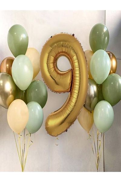 DÜVENCİ TİCARET 1-9 Years Gold Balloon and 16 Balloons (4mold+4mintgreen+4salmon+2gold+2silver) 16in1