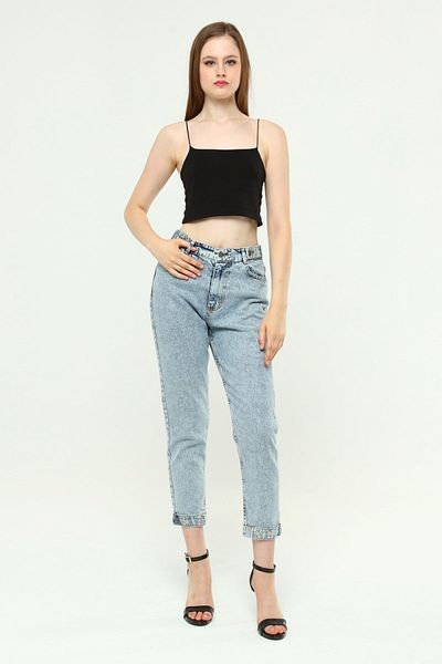 NESAFET Women's High Waist Belt Epaulettes Mom Jean Pants