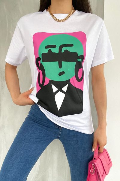 FEMELLE Tricou alb din bumbac imprimat nou sezon pentru femei