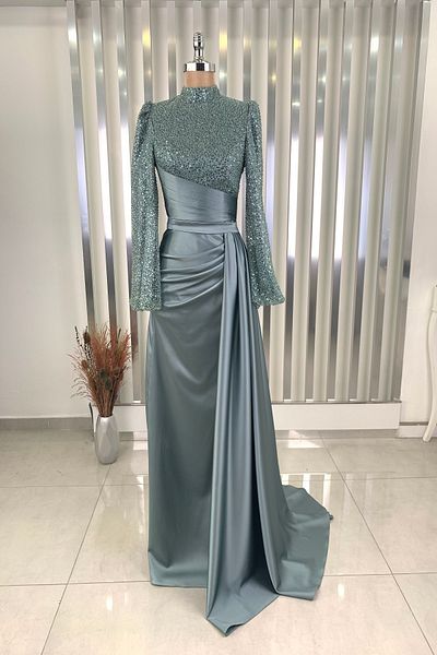 Rana Zenn Mint Lavin Evening Dress - With Train, Draped and Beaded Detail