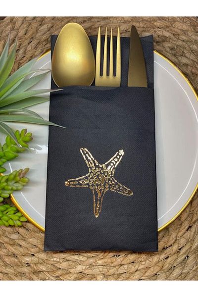 kidspartim Gold Gilded Black Single Starfish Napkin 16 Pieces