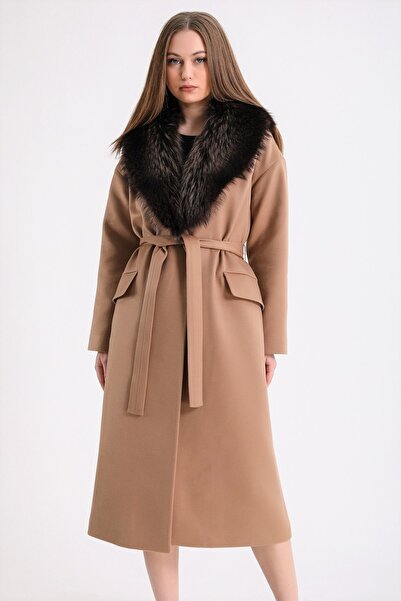 Leather Club Camel Kahve Fox Kürk Aksesuarlı Kaşmir Kaban